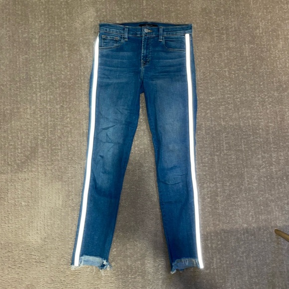 J BRAND 811 Mid Rise Skinny Reflective Raw Hem Tuxedo Stripe Jeans - Picture 2 of 6